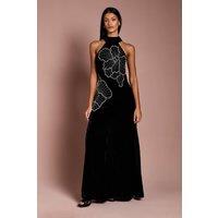Coast Women's Petite Halter Neck Velvet Maxi Dress With Embellishment Flower in Black | Size: 10
