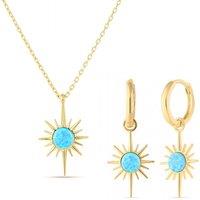 Spero London Women's Blue Opal Northernstar Drop Hoop Earrings & Necklace Set in Sterling Silver in Gold