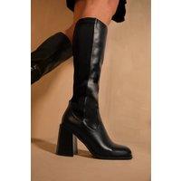 Where's That From Women's 'Zhuri' Mid Block Heel Knee High Boots With Stretch & Side Zip in Black | Size: 5