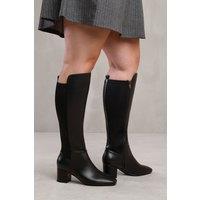 Where's That From Women's 'Cherish' Stretch Wide Calf Block Heel Knee High Boots With Side Zip in True Black | Size: 6-Wide Fit