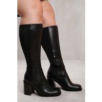 Where's That From Women's 'Zhuri' Stretch Wide Calf Block Heel Knee High Boots in Black | Size: 4-Wide Fit