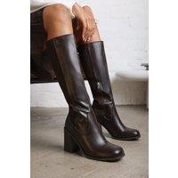 Where's That From Women's 'Zhuri' Mid Block Heel Knee High Boots With Stretch & Side Zip in Brown | Size: 7