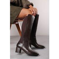 Where's That From Women's 'Cherish' Stretch Wide Calf Block Heel Knee High Boots With Side Zip in Brown | Size: 4-Wide Fit