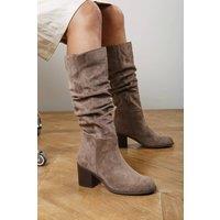 Where's That From Women's Kalenae Ruched Block Knee High Boot in Taupe | Size: 5