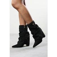Where's That From Women's Kylis Ruched Shark Fold Down Calf Boot With Lock Detail in Jet Black | Size: 6