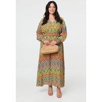 Izabel London Women's Curve Abstract Long Sleeve Maxi Dress in Green | Size: 20