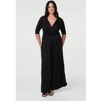 Izabel London Women's Curve 1/2 Sleeve Wrap Wide Leg Jumpsuit in Black | Size: 22