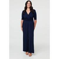 Izabel London Women's Curve 1/2 Sleeve Wrap Wide Leg Jumpsuit in Navy | Size: 20