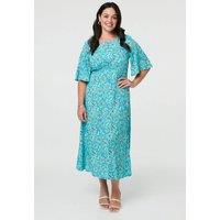 Izabel London Women's Curve Floral 1/2 Flare Sleeve Midi Dress in Teal | Size: 20