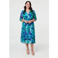 Izabel London Women's Curve Printed Pleated Wrap Midi Dress in Blue | Size: 22