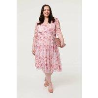 Izabel London Women's Curve Floral Wrap 1/2 Sleeve Midi Dress in Red | Size: 20