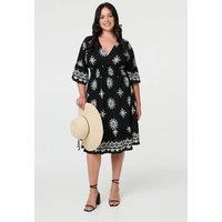 Izabel London Women's Curve Printed V-Neck Knee Length Dress in Black | Size: 22
