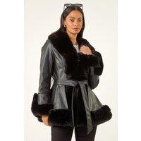 Dusk Women's Contrast Faux Fur Coat in Black | Size: 14
