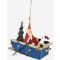 shoeless . Santa in Boat Metal Christmas Tree Decoration - Rustic Hanging Twine in Red