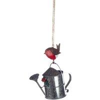 shoeless . Robin on Watering Can Metal Christmas Tree Decoration in Silver