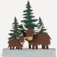 shoeless . Highland Cow wintery scene metal & wood Christmas decoration