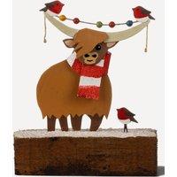 shoeless . Highland Cow with Robins Metal & Wood Christmas Decoration
