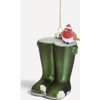 Sass & Belle Wellies with Robin Ornament Glass Christmas Decoration in Green