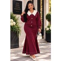 JTAPHRIQUE Women's Top & Skirt Co-Ord Set in Wine | Size: XL/2XL