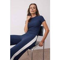 WOVCOR Women's 2-Piece Knit Blouse & Pants Set with Stripe Detail in Navy | Size: Large