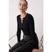 WOVCOR Women's Crew Neck Fitted Knit Blouse with Button Detail in Black | Size: Medium
