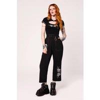 Hell Bunny Women's Auri Black Cropped Trousers with White Embroidery & Heart Charm | Size: Small