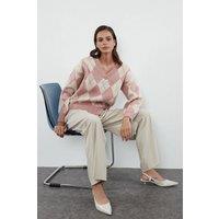 WOVCOR Women's V-Neck Argyle Knit Jumper in Rose | Size: Large