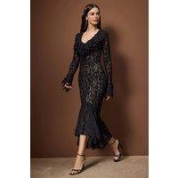 WOVCOR Women's Ruffle Detail Lace Midi Evening Dress with Long Sleeves in Black | Size: Small