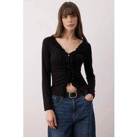 WOVCOR Women's Gathered Long Sleeve Stretch Knit Blouse in Black | Size: XS