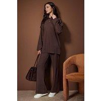 WOVCOR Women's 2 Piece Soft Knit Long Sleeve Top & Wide Leg Trousers Set in Brown | Size: 2XL