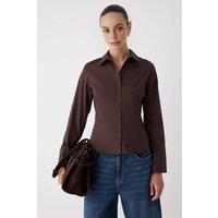 WOVCOR Women's Waist-Fitted Cotton Woven Shirt in Dark Brown | Size: 6