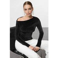 WOVCOR Women's Asymmetric Neck Glitter Knit Long Sleeve Top in Black | Size: 6