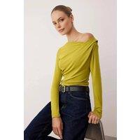 WOVCOR Women's Asymmetric Neck Drape Detail Stretch Knit Fitted Blouse in Olive | Size: XS