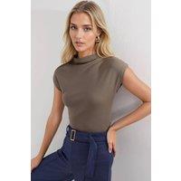 Busem Women's Fitted Mock Neck Cap Sleeve Knitted Blouse in Beige | Size: Small