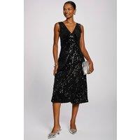 Jolie Moi Women's V-Neck Sequin Embellished Velvet Midi Dress in Black | Size: 16