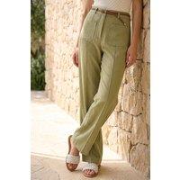 Roman Women's Linen Blend Belted Trouser in Khaki | Size: 16