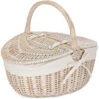 Red Hamper Wicker White Wash Finish Oval lined Picnic Basket in Natural White