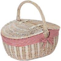 Red Hamper Wicker White Wash Finish Oval lined Picnic Basket in Red