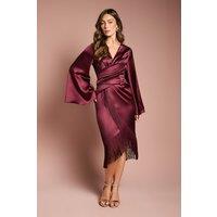 Coast Women's Satin Fringe Hem Wrap Waist Midi Dress in Burgundy | Size: 16