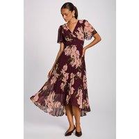 Jolie Moi Women's Angel Sleeve Pleated Chiffon Maxi Dress in Burgundy | Size: 14