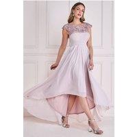 Goddiva Women's Crochet & Pleated Top High Low Maxi in Light Beige | Size: 16