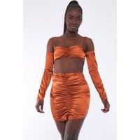 Rebellious Fashion Women's Bardot Satin Crop Top in Terracotta | Size: 6