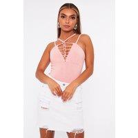 Rebellious Fashion Women's Lace Up Front Bodysuit in Pink | Size: 6