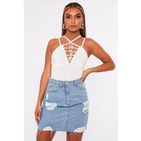 Rebellious Fashion Women's Lace Up Front Bodysuit in White | Size: 6