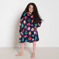 OHS Kids Xmas Sweetie Pies Print Hoodie Blanket Sherpa Fleece Loungewear in Navy