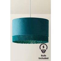ValueLights Melody Velvet Squat Shade Fringe Trim Easy Fit Ceiling Shade & Bulb in Teal