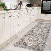 Kukoon Washable Runner Rug Blue Traditional Long Hallway Kitchen Carpet Mat in Beige | Size: 80 cm x 300 cm