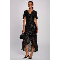 Jolie Moi Women's Sequin Angel Sleeve Flare Hem Maxi Dress in Black | Size: 10