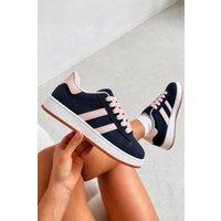 Love Lemonade Women's Classic Faux Suede Lace-Up Stripe Trainers in Navy | Size: 3