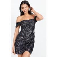 Little Mistress Women's Black Sequin Draped Bardot Mini Dress | Size: 10
